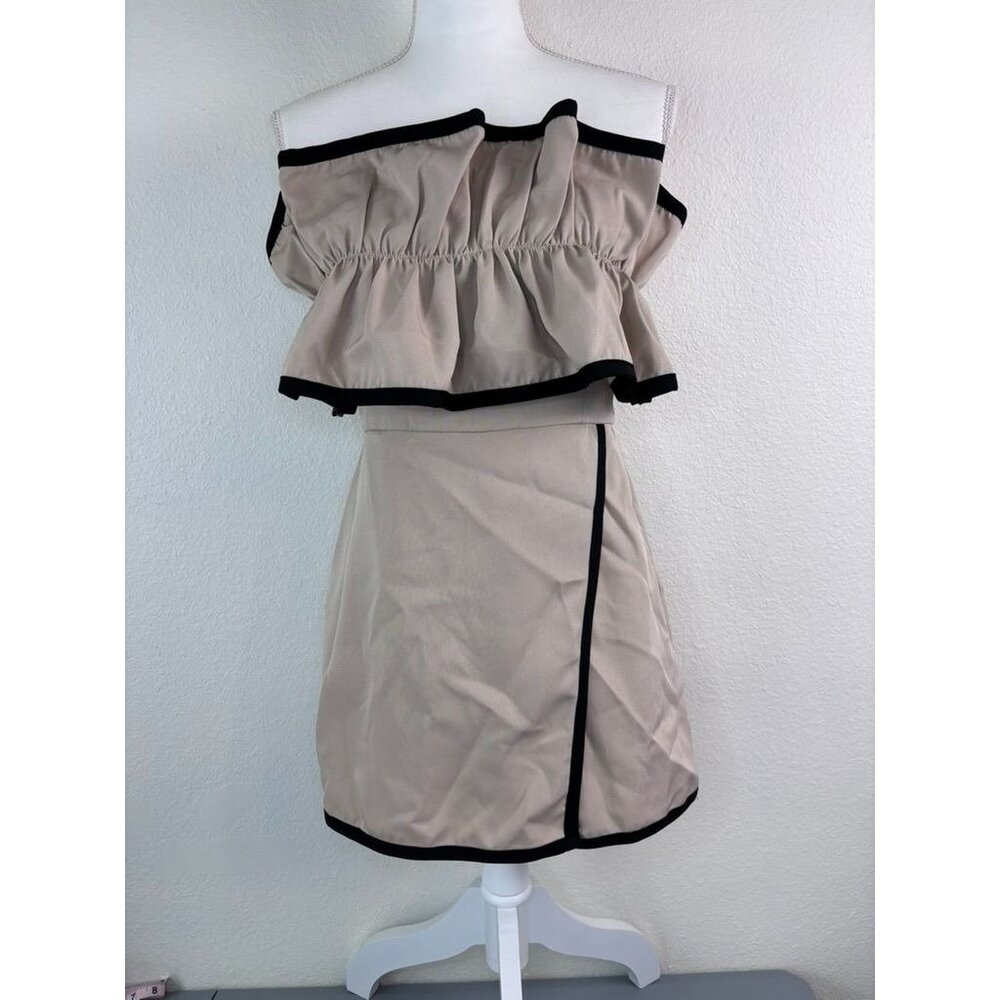 Idem Ditto women's medium tan black ruffle front strapless skirted romper dressy